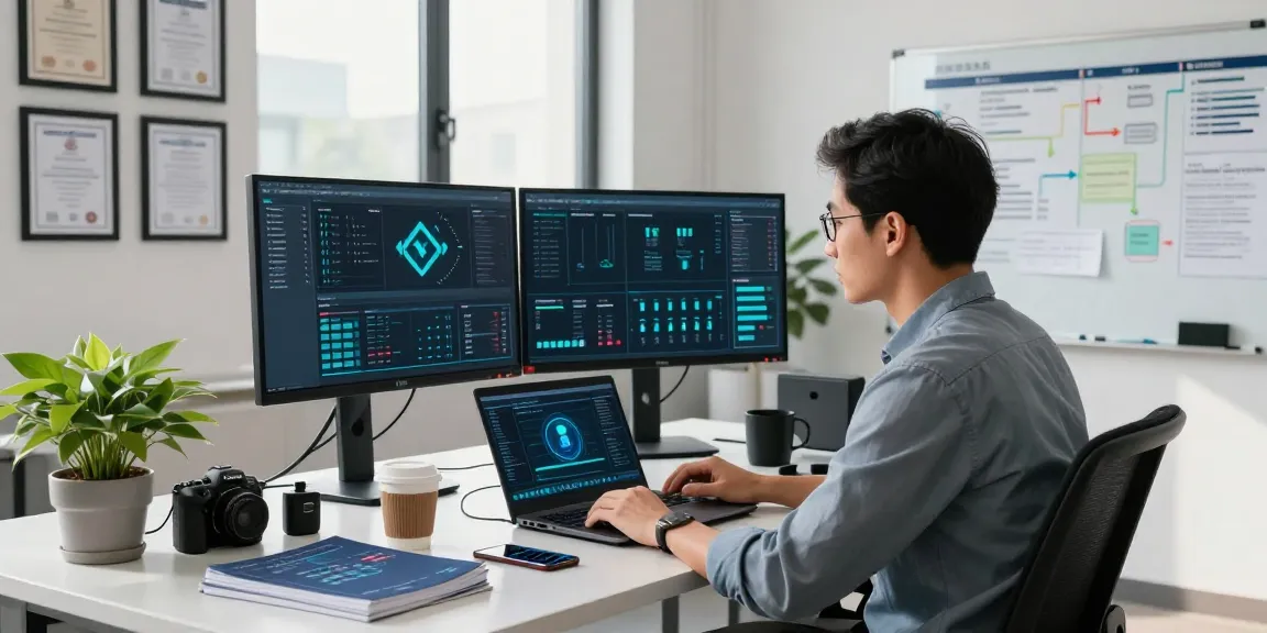 Cyber Essentials certification process in a modern cybersecurity office with a professional analyzing technical controls.
