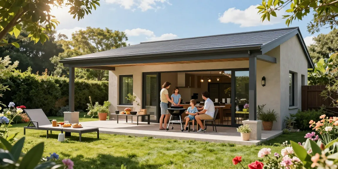 Freistehende Terrassenüberdachung im Garten mit Familie beim Grillen