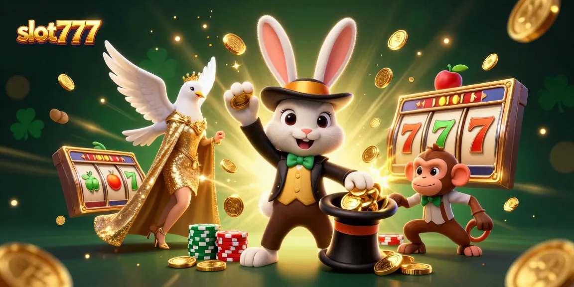 Experience the excitement of slot777 as a magician rabbit conjures golden coins amidst a vibrant casino scene.