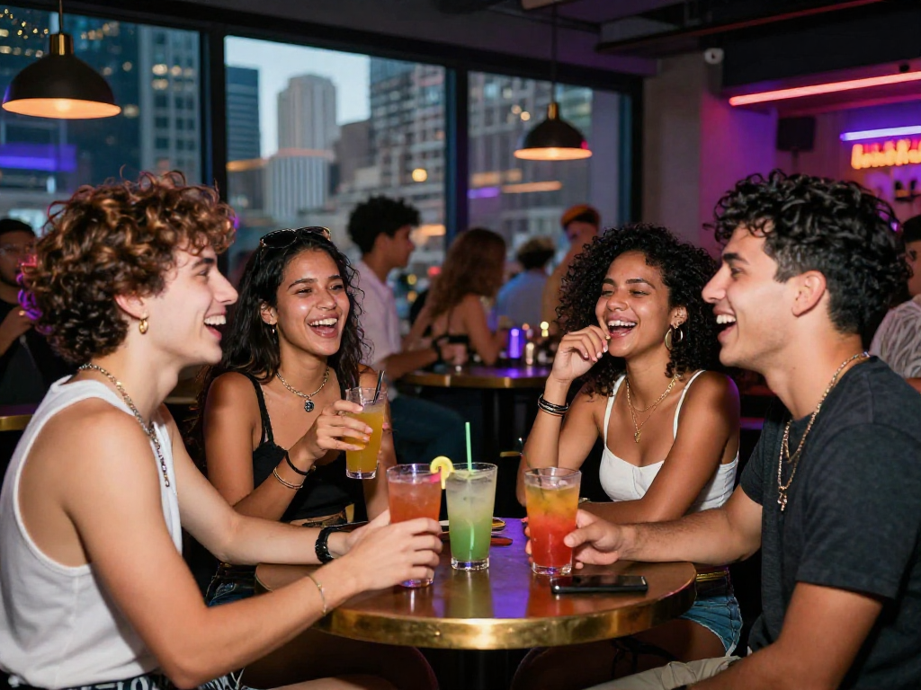 Gái gọi tạo không khí sôi động tại quán bar đô thị với bạn bè đang vui vẻ.