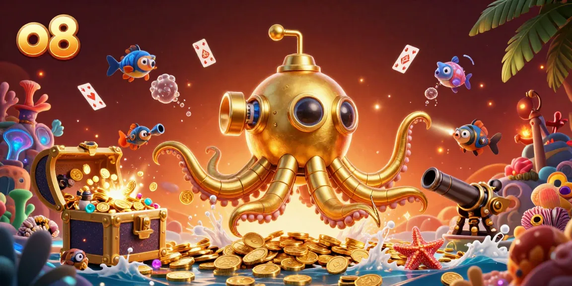 Engage with the exciting world of online gambling at o8, featuring a golden kraken submarine amidst colorful gaming elements.