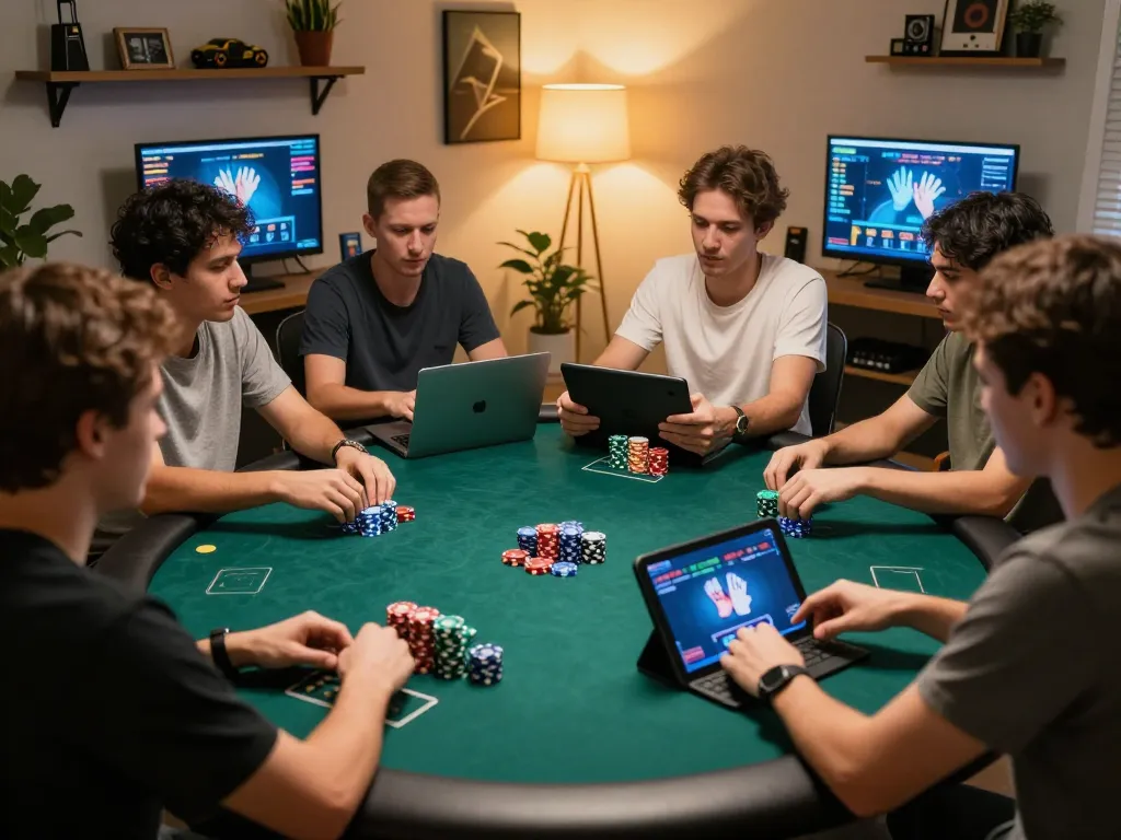 Engaged players enjoying an online poker game at home showcasing 789winlem's thrilling gaming experience.