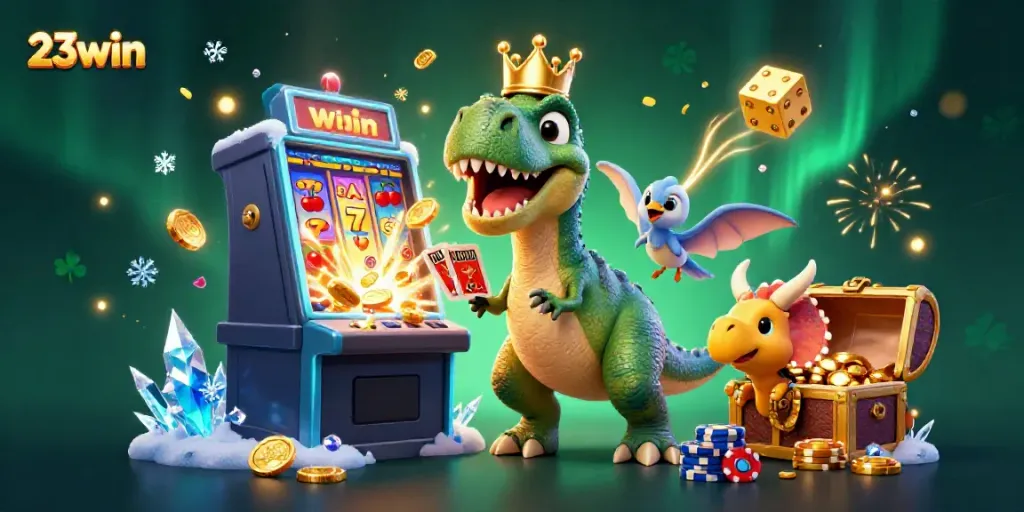 Join the fun at 23win with a lively cartoon dinosaur scene showcasing jackpot excitement and casino action.