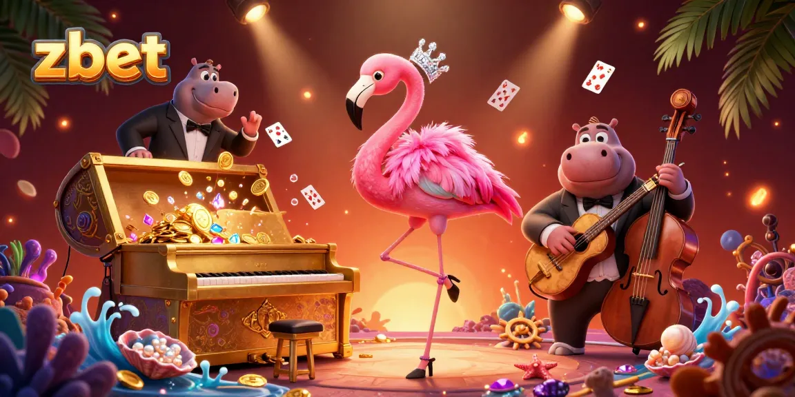 Experience thrilling gameplay with zbet in a vibrant casino scene featuring a flamingo singer and hippo bassist.