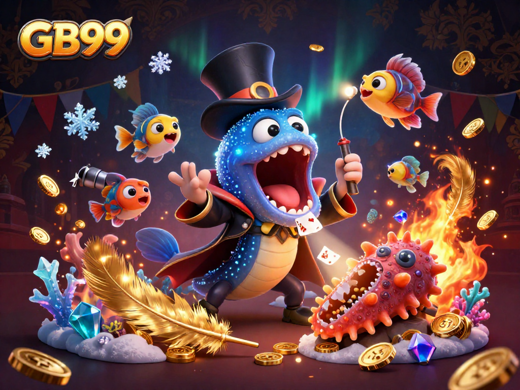 Experience thrilling fish shooting games with GB99's vibrant underwater scene featuring engaging characters and dynamic action.
