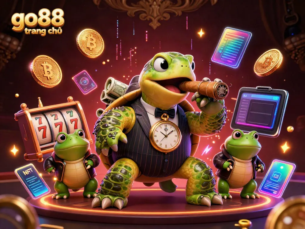 Experience the vibrant action at go88 trang chủ with a detailed scene of a snapping turtle mobster and his bullfrog enforcers in a dynamic casino setting.