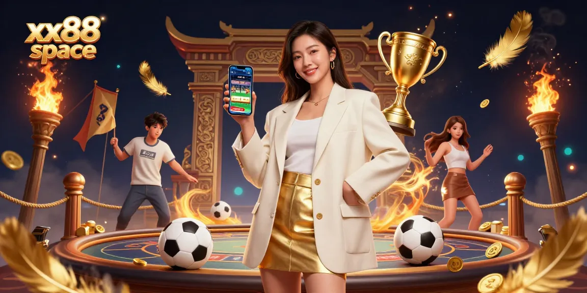 Betting on xx88 space, an Asian woman with a smartphone showcasing a vibrant sports app.