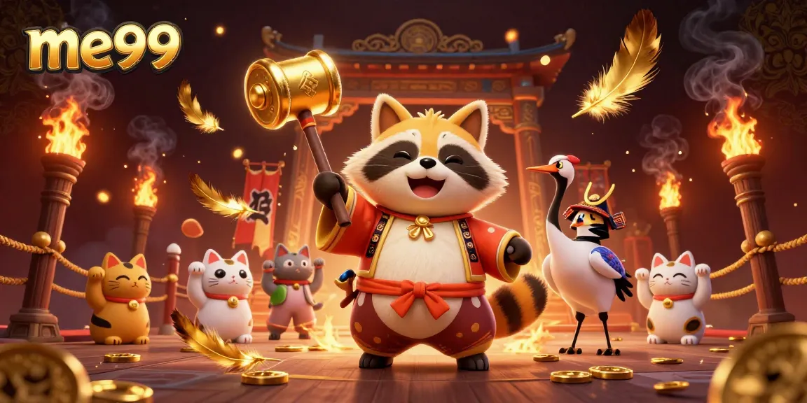Experience the thrill of me99 with joyful characters and vibrant casino elements in a dynamic 3D illustration.