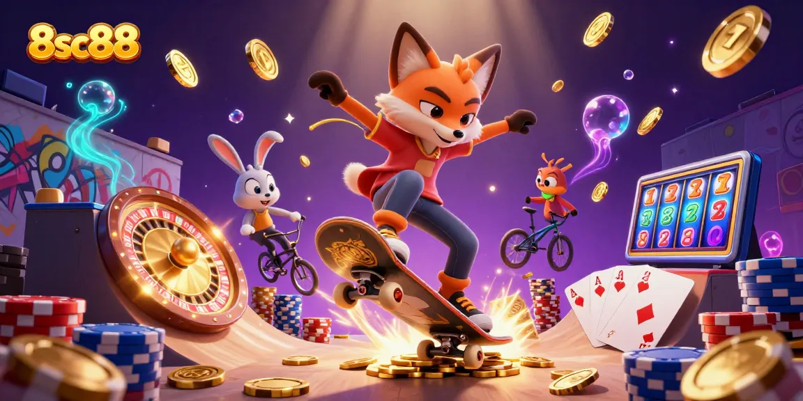 Engage with the casino fun at 8sc88 featuring a lively 3D fox and rabbit in a vibrant setting.