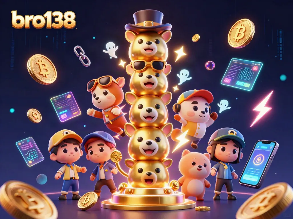 Engage in thrilling gaming experiences with bro138's vibrant casino scene showcasing colorful characters and crypto elements.