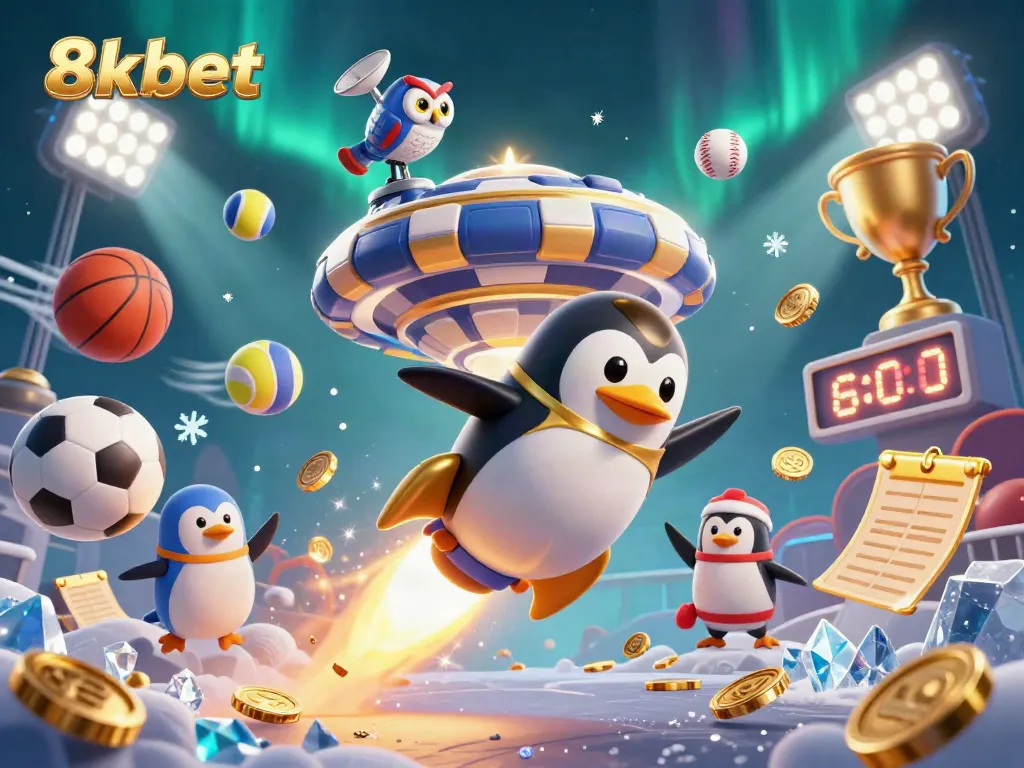 Experience thrilling bets at 8xbet with a golden penguin and vibrant gambling elements in space.
