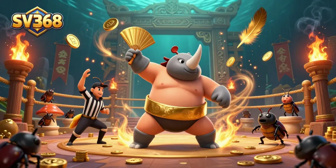 SV368 showcases a winning beetle champion in a dramatic sumo match, sending coins flying, in a vibrant casino setting.