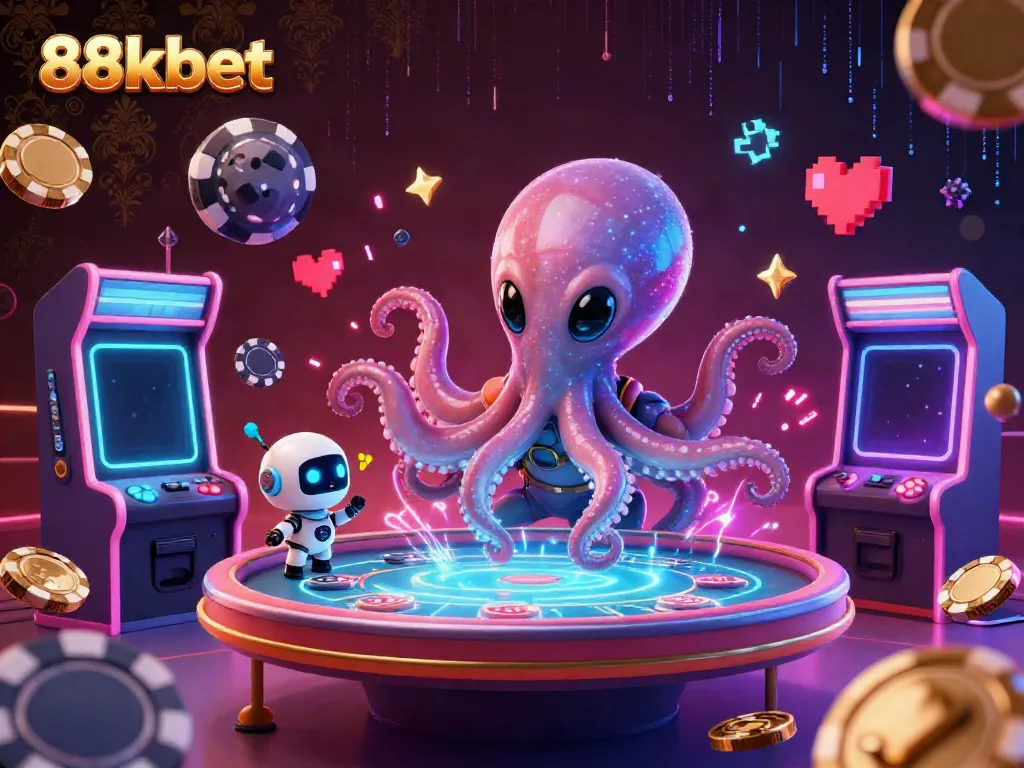 88kbet alien casino illustration with an octopus playing poker and glowing arcade machines.