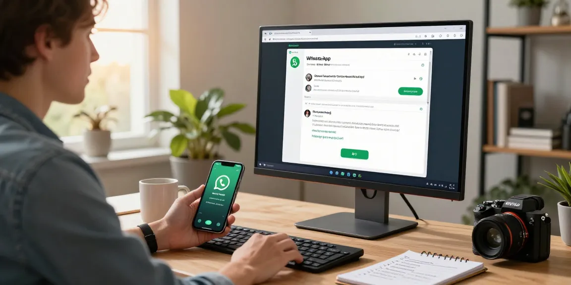 Professional using WhatsApp網頁版 on a modern home office setup with tech elements.