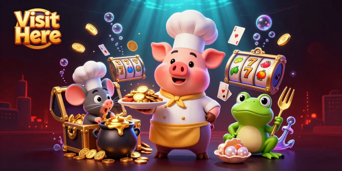 Engage in thrilling slots at Visit Here while enjoying a vibrant casino scene featuring characters and gold treasures.