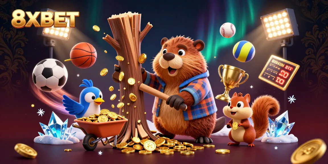Engage with 8XBET in a vibrant 3D illustration featuring charming characters and dynamic sports elements.