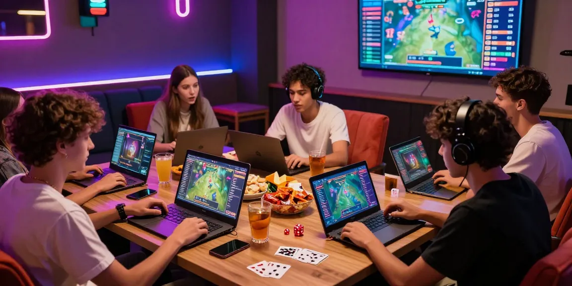 Group enjoying a lively gaming session on rikvip with laptops and snacks.