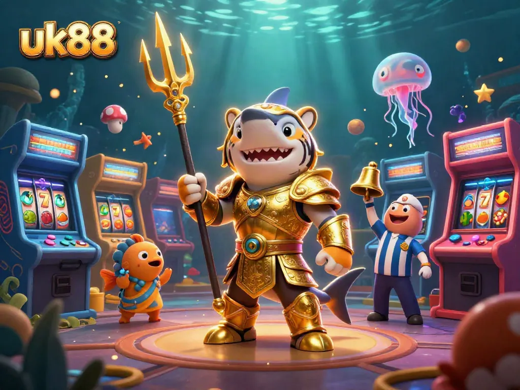 Engage in thrilling slot action at uk88 with a shark gladiator and arcade elements in a vibrant underwater scene.