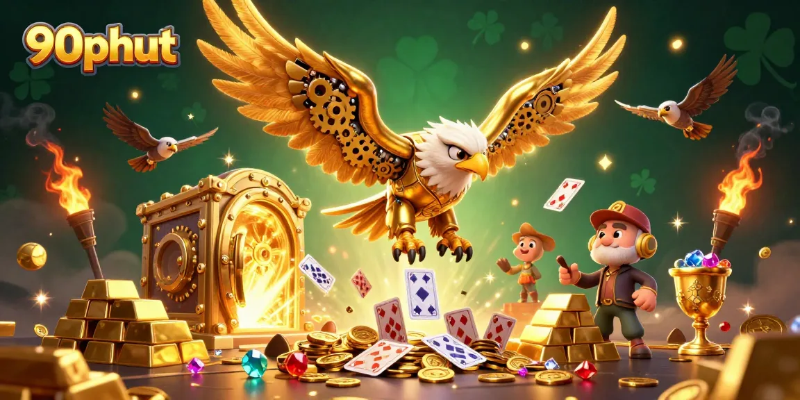 Experience the excitement of 90phut with thrilling golden elements and dynamic cards in a high-octane gambling scene.