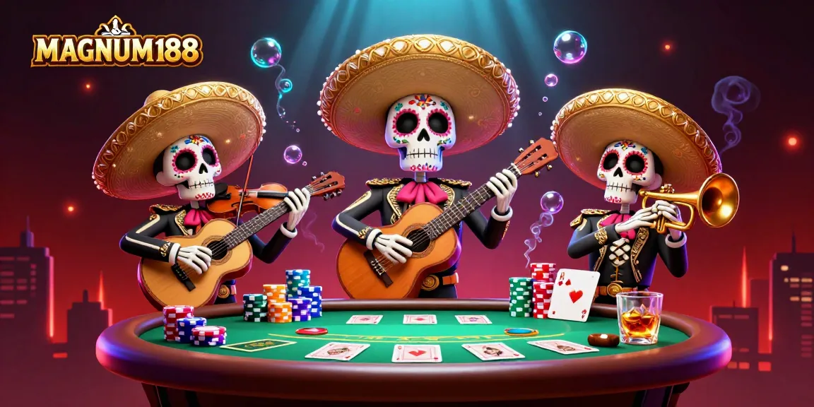 Engage in thrilling gambling at MAGNUM188 with a vibrant Dia de los Muertos theme, featuring poker elements.