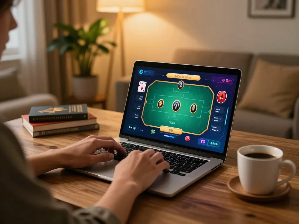 Engaging online gaming with 8day app on laptop, cozy home setup showcasing poker strategy