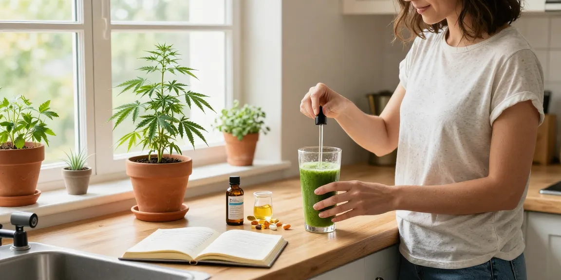 Ministry of Cannabis CBD oil in a wellness kitchen scene with smoothies and supplements.