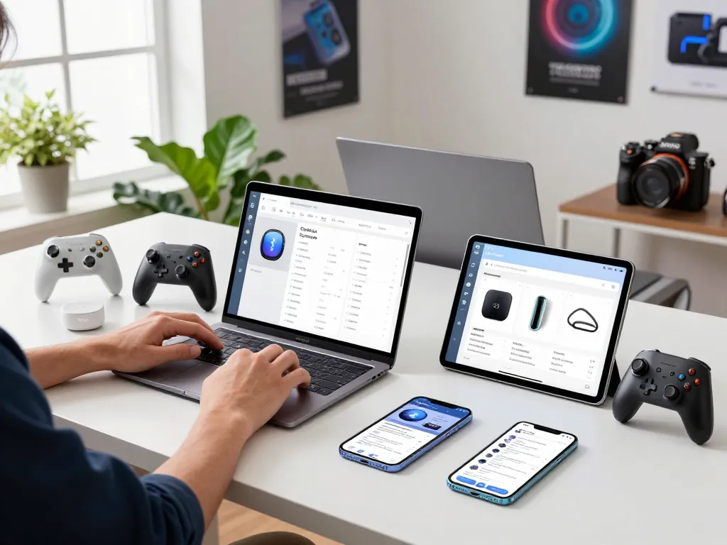 Innovative tech gadgets enthusiast analyzing Bluetooth devices in a modern workspace.