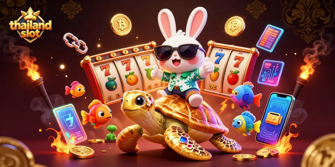 Spin and win with thailand slot as lucky characters ride a golden sea turtle through vibrant scenes.