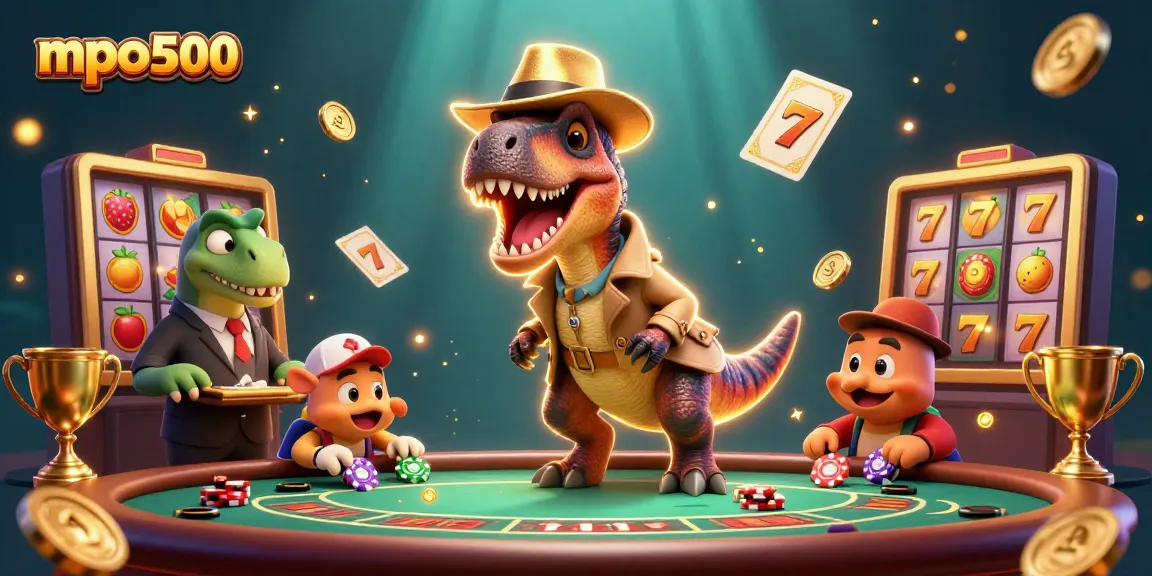 Immerse in the mpo500 slots excitement with a velociraptor at the blackjack table, a stegosaurus pit boss, and chips flying!