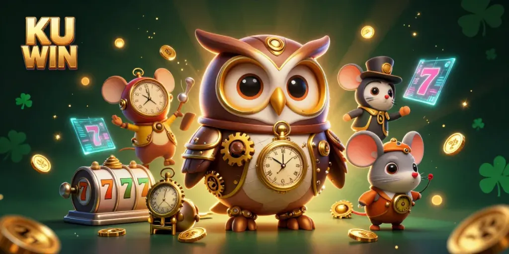 Experience thrilling victories with KU WIN in this vibrant 3D casino scene featuring a time-traveling owl and slot elements.