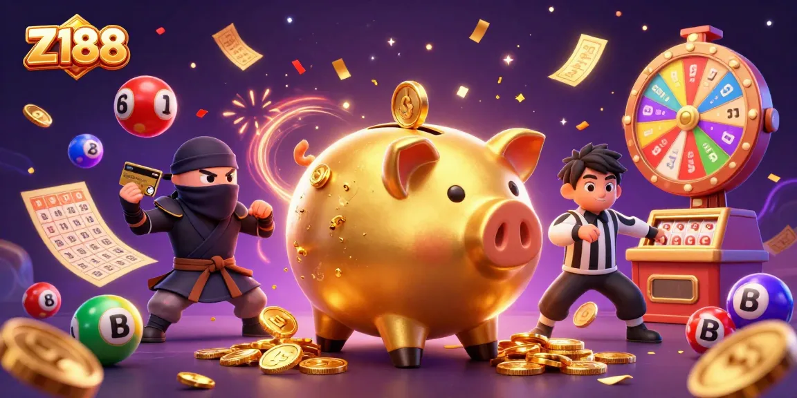 Experience thrilling gameplay action at Z188 with a golden piggy bank sumo wrestler and vibrant lottery elements.