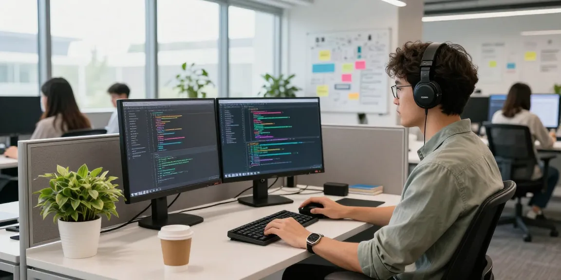 Software developer creating code at a modern workspace for teiegramin.com, showcasing a vibrant tech environment.
