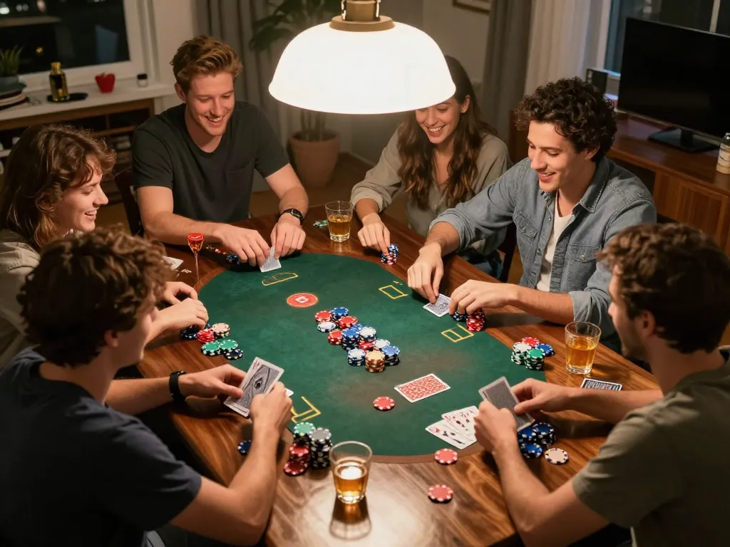 Friends enjoying a poker night at home, showcasing the fun and engagement with b52 poker chips and cards.