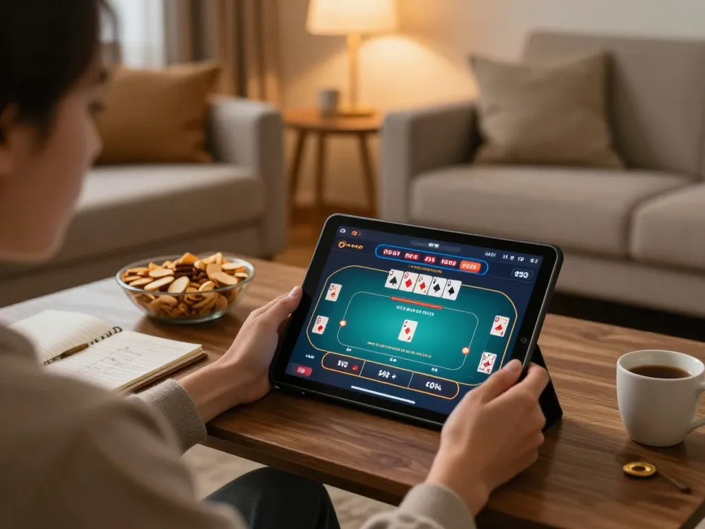 Engaging with keonhacai tv on tablet during online poker game at home