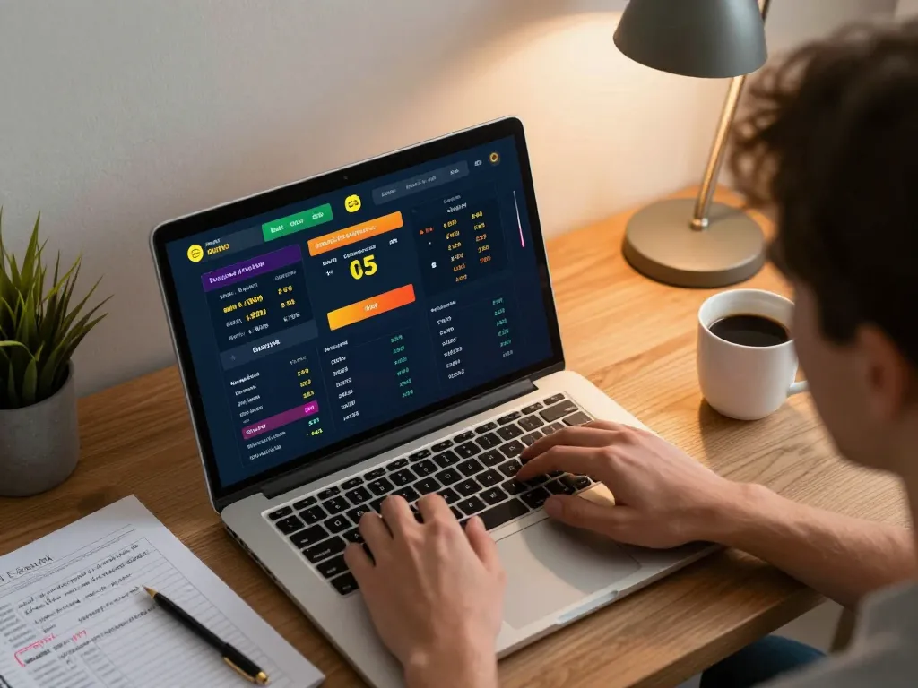 Engaging in sports betting on ee88 with live odds displayed on a laptop in a cozy home office.