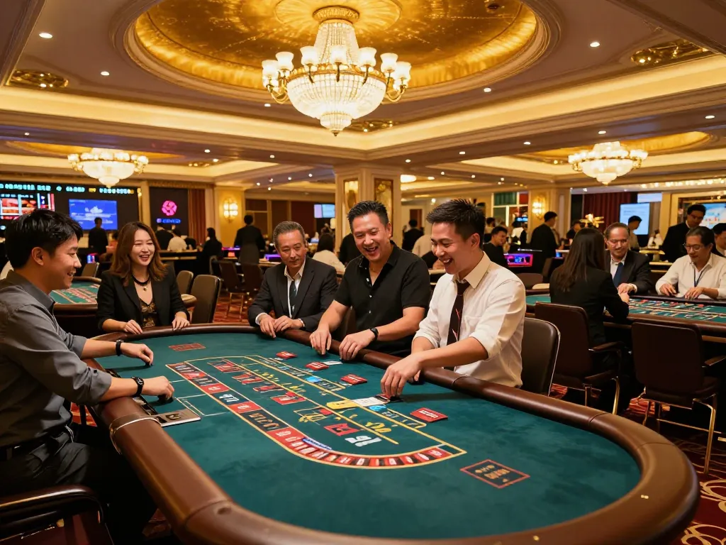 Players celebrate winnings at a vibrant casino, showcasing vin88lk's exciting gambling experience.