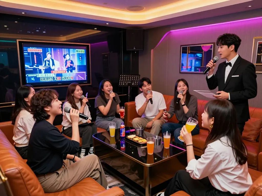 활기찬 사적인 방에서 친구들과 함께 3no.org/bupyeong 노래방의 활기찬 밤문화 경험을 즐기고 있습니다.