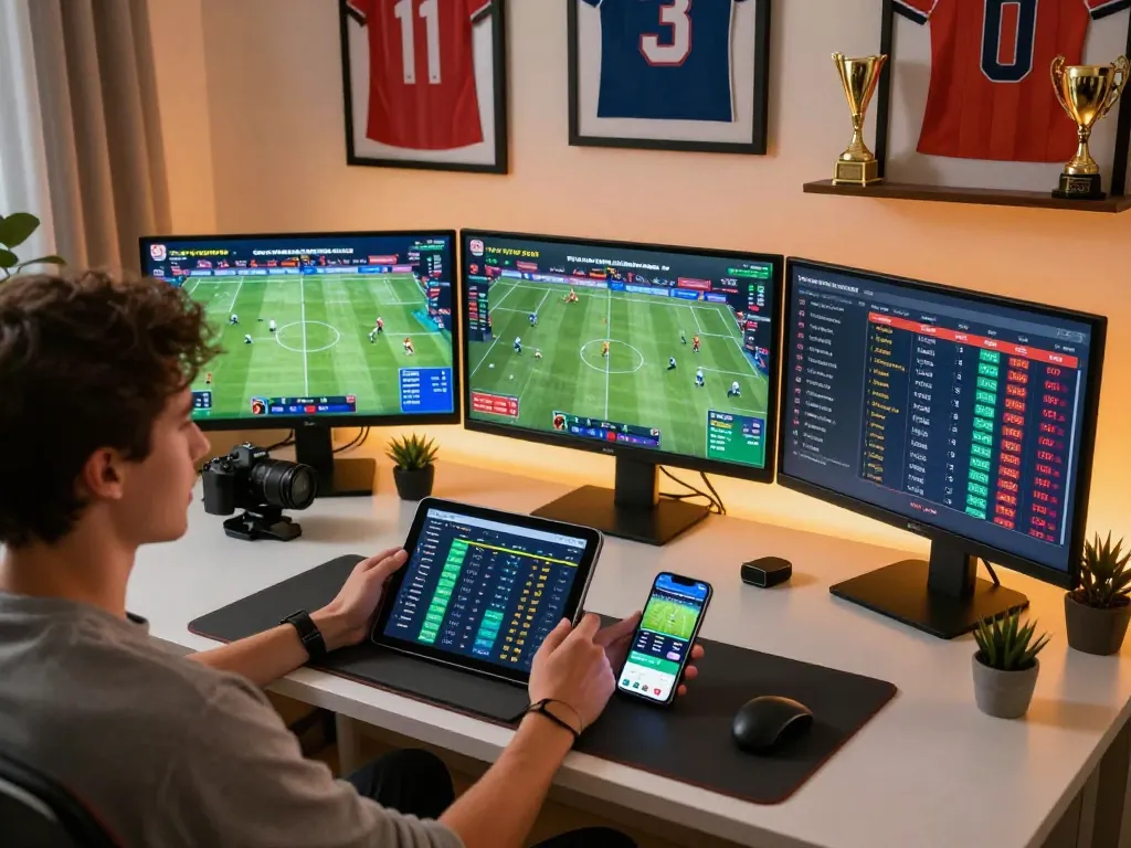 Engaging sports betting moment showcasing keonhacai 88 activity on multiple screens in a modern home.