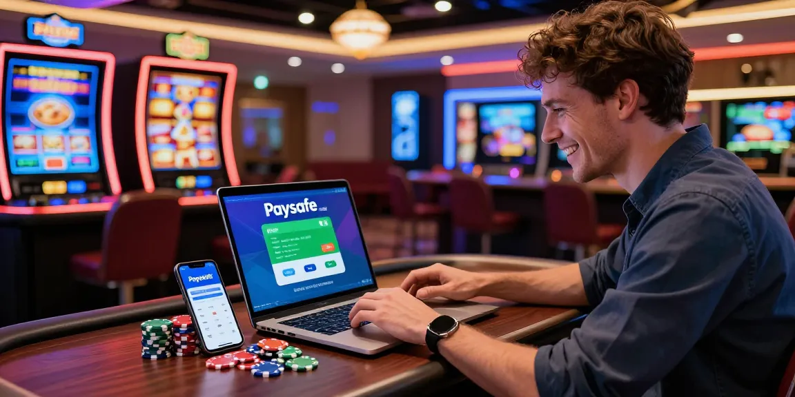 Engagierter Spieler an einem Paysafe Card Casino, der einen Laptop benutzt, umgeben von Spielchips und lebhafter Atmosphäre.