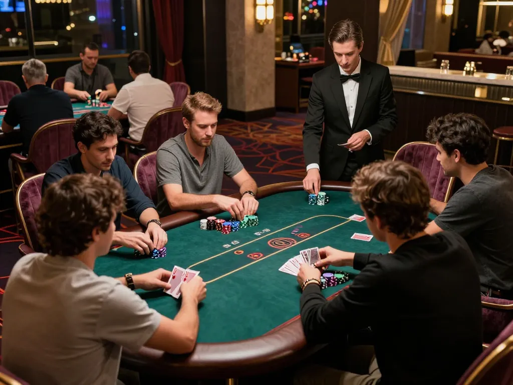 Engaged players at LOTO188 TRANG CHỦ enjoy a competitive live poker game with chips and cards.