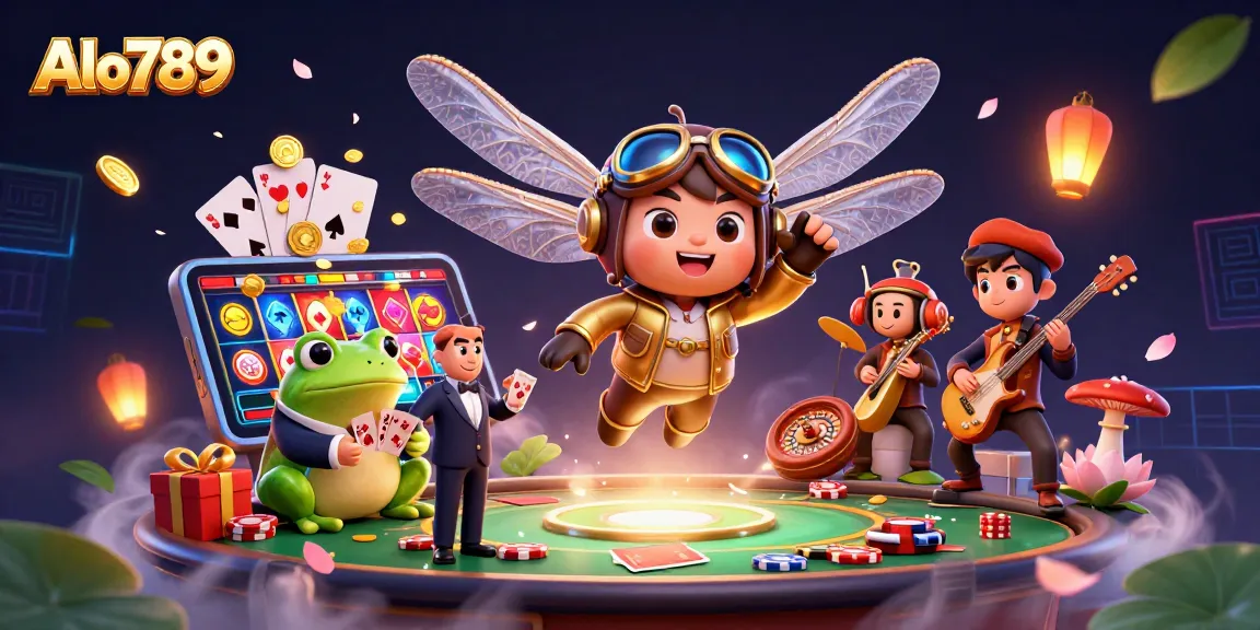 Alo789 players enjoy colorful slot games with vibrant characters in a lively casino scene