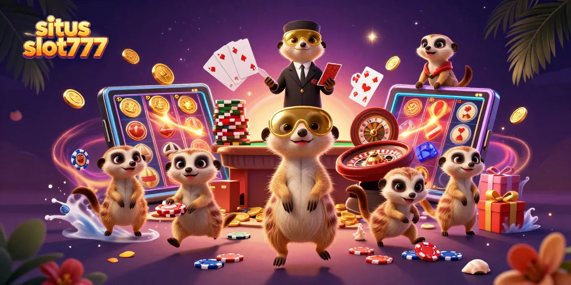 Engaging scene showcasing situs slot777 with meerkats operating a vibrant casino, surrounded by slot games and colorful gaming elements.
