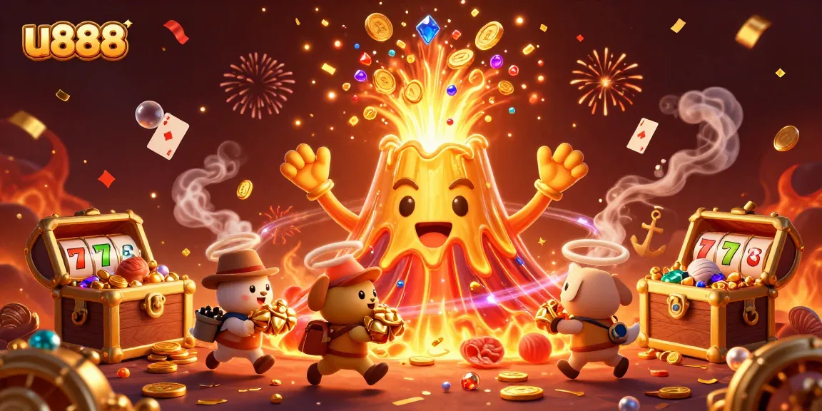 Spin to win with u888: a jubilant golden volcano erupting treasures and gaming elements in a vibrant casino scene.