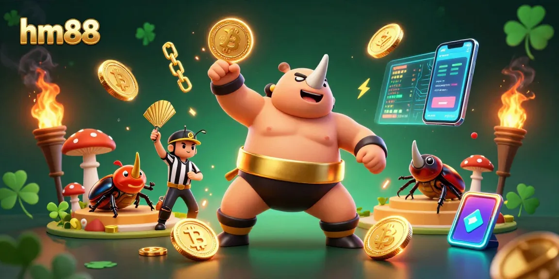 Experience thrilling gameplay with hm88, featuring a sumo champion beetle in a vibrant casino environment!