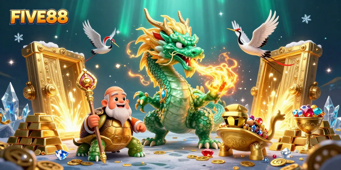 Engage with the FIVE88 casino scene featuring mythical characters and a treasure-filled backdrop.