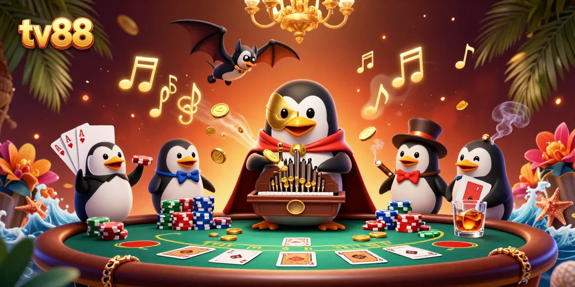 Engage with tv88 in a vibrant casino scene featuring a playful penguin and dynamic game elements.