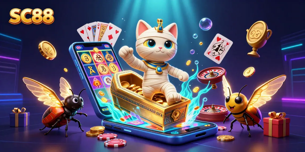 Experience thrilling SC88 gameplay with an Egyptian mummy cat and vibrant casino elements.