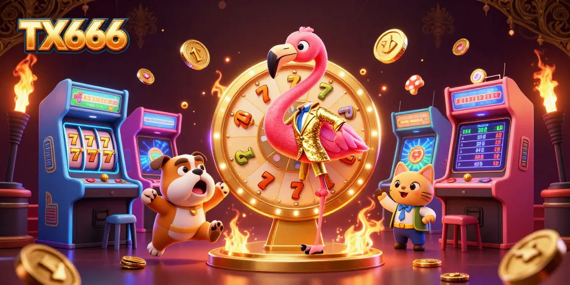 Experience the excitement of TX666 as a flamingo spins a prize wheel beside a bulldog contestant and a scoreboard cat.