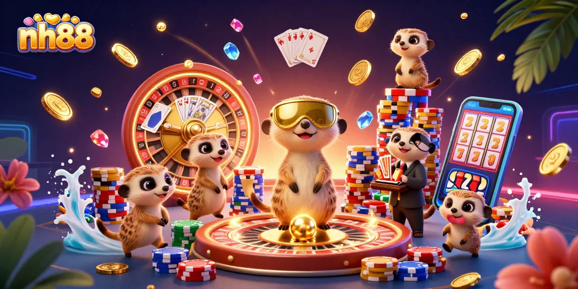 Experience the excitement of nh88 with lively meerkats managing a vibrant casino scene filled with gambling elements.