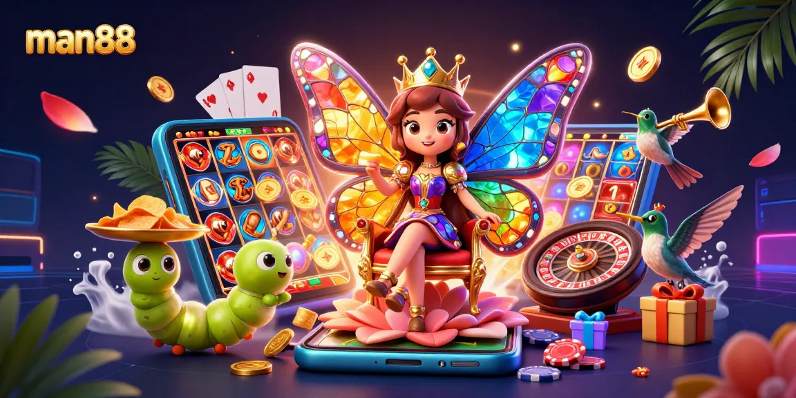 man88 features a vibrant 3D casino scene with a butterfly queen, chips, and dynamic gaming elements.